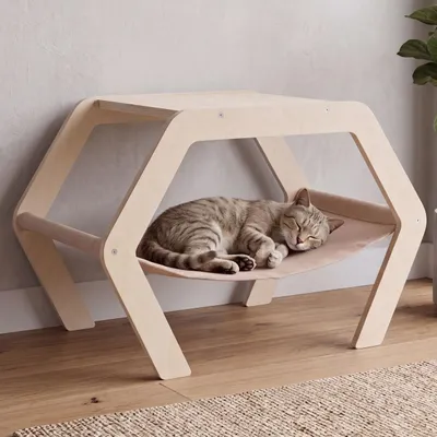 Image de Lit pour chat HWC-Q60, plateforme de repos pour animaux, meuble pour chat avec espace de rangement, bois 41x59x39cm, couleur naturelle, hamac beige