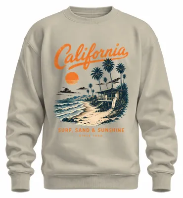 Imagen del producto de Sudadera con cuello redondo, estilo retro, con motivos de surf, arena, sol, playa, palmeras, ideal para California. Color: natural. Talla: S
