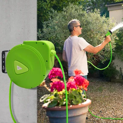Produktbild von YZNAHRE Schlauchtrommel Gartenschlauch 30m Trommel Wasserschlauch Schlauchaufroller 3/4 Zoll mit Multifunktionsbrause Schlauchrolle 180° Schwenkbare inkl. Stoppball Schlauchtrommeln, Grün