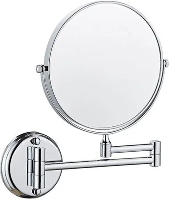 A silver wall-mounted magnifying mirror with an adjustable arm.