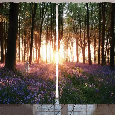 Produktbild von ARANDE Wald Gardine, Erstaunlicher Blaubell Holz Sonnenaufgang Mit Sonnigem Frühlingstag Des Weißen Druck, 280 x 175 cm, Lila Grün