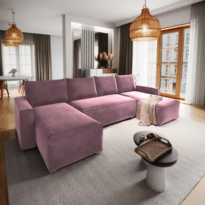 Zdjęcie produktu dla Masseno Narożnik DENI z funkcją spania i pojemnikiem na pościel Kształt U, Rozkładana sofa, Rogówka - Pudrowy róż, MONOLITH 62