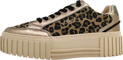 A side view of a single women's sneaker with a leopard print and gold accents.