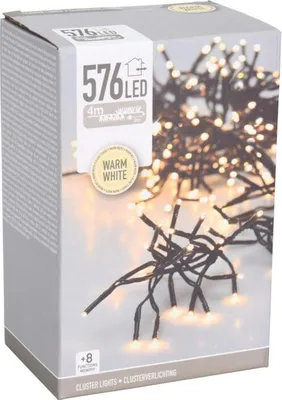 A product box for LED cluster lights, showing a close-up of the lights on the right side.