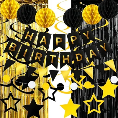 Produktbild von Geburtstagsdeko Set Schwarz Gold mit Lametta Vorhang, Wimpelkette, Happy Birthday Banner