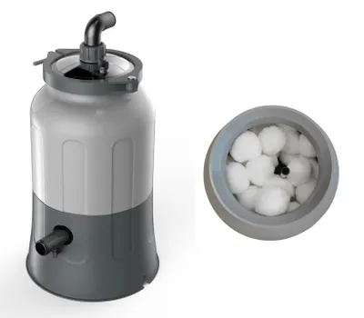 A product shot of a pool filter pump and a close-up of its filter balls.