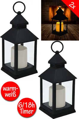 Produktbild von 2x LED Laterne Kerze Windlicht Flammenflackern Leuchte Timer Batterie schwarz