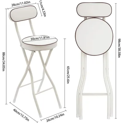 Obrázek produktu pro Skládací barové židle, sada 2 kusů - Barové židle s opěradlem - Výška sedáku 65 cm - Kovová konstrukce - Polstrované sedadlo - Bílá barva