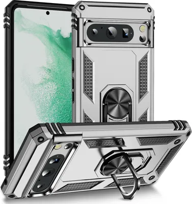 Produktbild von Schutzhülle für Google Pixel 8 Pro Dual Layer Robust Militäre Fallschutz Hülle mit Ringhalterung Ständer Silber
