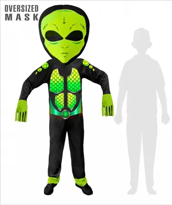 Produktbild von UFO Alien Overall mit Riesenmaske Kinderkostüm für Fasching Größe: 146 / 8-11 Jahre