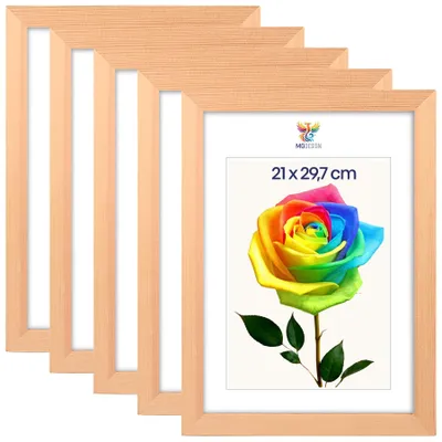 Obrázok produktu pre MG Design, súprava 5 kusov rámov na obrázky, prírodný dizajn, formát A4 (21x29,7 cm) – rámy z prírodného dreva s akrylovým sklom, vhodné na zavesenie aj na postavenie, vertikálne aj horizontálne