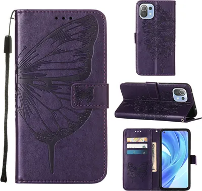 Produktbild von Xiaomi Mi 11 Lite Hülle, Schmetterling Prägung Flip Leder Kartenfächer Schutzhülle Ledertasche mit Ständer für Xiaomi Mi 11 Lite Lila