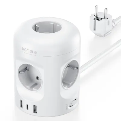 Zdjęcie produktu dla Listwa zasilająca 8 w 1 z portami USB, 5 gniazd, przedłużacz 2 metry, biała