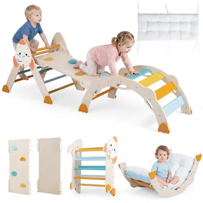 Immagine prodotto di COSTWAY, set da arrampicata Montessori 8-in-1, set giochi da interno per bambini dai 1 anno in su, composto da struttura per arrampicata, triangolo da arrampicata, arco da arrampicata, scivolo e cuscini, giocattolo per l'arrampicata