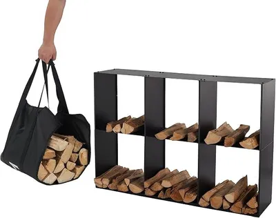 Produktbild von Kaminholzregal + Tragetasche - Innen & Außen - Feuerholzregal - Kaminholzständer - Brennholzregal - Schwarz - Metall (80x28x120cm)