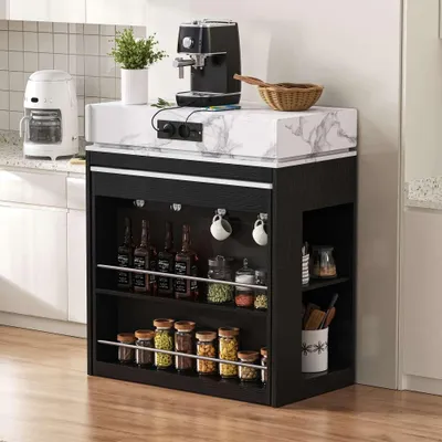Produktbild von Kücheninsel mit Rollen Ausziehbarer Esstisch LED Beleuchtung Steckdosen Schwarz Sideboard Bartisch