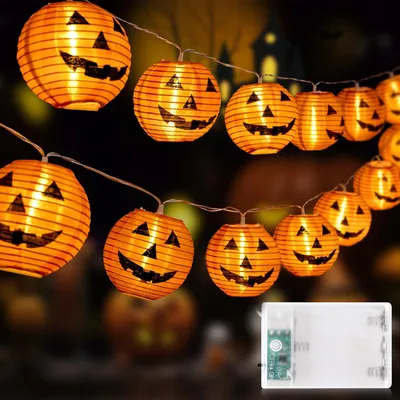 Zdjęcie produktu dla Świąteczne lampki Halloween, zasilane bateriami - 6 metrów - 20 diod LED - Pomarańczowa dynia - Lampion - Girlanda świetlna zasilana bateriami - Na Halloween