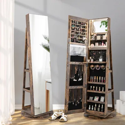 Produktbild von Otočná skrinka na šperky so zrkadlom po celej dĺžke, voľne stojaca skrinka na make-up s vnútorným zrkadlom na make-up a 3-farebným LED svetlom, uzamykateľná zrkadlová skrinka s kľúčmi
