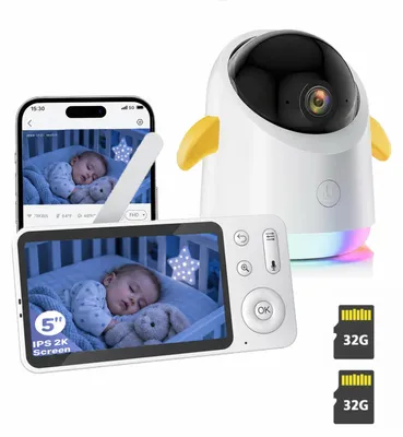 Produktbild von 2K/3MP Babyphone mit Kamera App 360° WLAN 5 Zoll Monitor RGB IR Nachtsicht Weinen Bewegungs Ger?uscherkennung 2×32G Karte