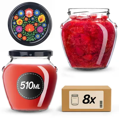 Produktbild von KADAX Einmachgläser 510 ml mit Schraubdeckel fi82mm, Schraubgläser mit Deckel, Einkochgläser, Sturzgläser zum Einkochen von Honig, Obst und Gemüse, Einmachglas (Volksblumen, 8 Stück)