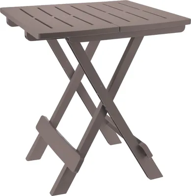A brown folding table with a slatted top and X-shaped legs, shown against a white background.