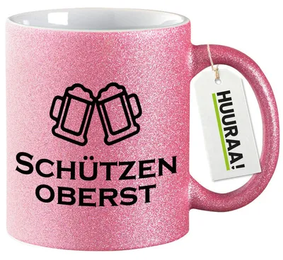 Produktbild von Huuraa Glitzertasse Schützenoberst Schützenfest 330ml Pink Keramik Kaffeebecher Geschenkidee