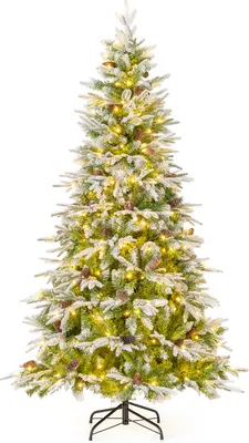 A decorated artificial Christmas tree with lights and pinecones.