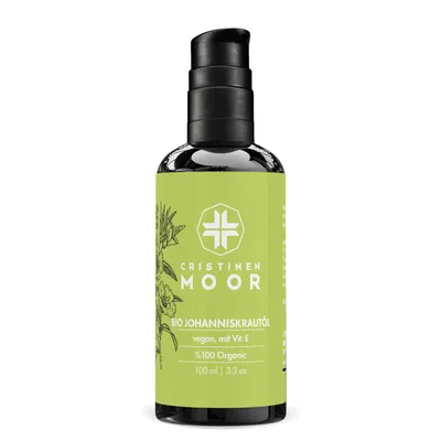Produktbild von Cristinen Moor Bio Johanniskrautöl mit Vitamin E, 100 ml - e Bio-Kosmetik und clean Beauty, Körperöl, wohltuendes Saunaöl