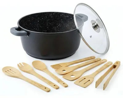 Produktbild von Kochtopf 10 L mit Glasdeckel und 7-teiliges Küchenutensilien Set Suppentopf 32 cm Aluminiumguss Fleischtopf Antihaft Schmortopf Bratentopf