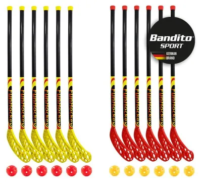 Produktbild von Bandito FunHockey Schlägerset inkl. Bälle für Kinder, Floorball für Garten, Floorball Stick, Streethockey outdoor, Linkshänder, Rechtshänder, 12 Bälle und Schläger, rot und gelb