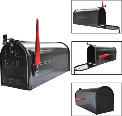 A collage of images showing a black U.S. Mail mailbox from different angles.