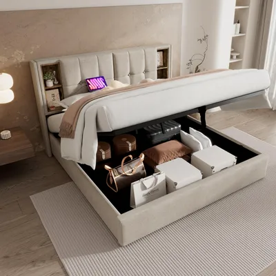 Image de OKWISH Lit Coffre Double 140x200 cm - Lit Rembourré en Lin Naturel avec LED, Ports USB et Type-C, Coffre Hydraulique de Rangement, Sans Matelas