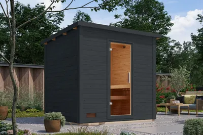 Image de Karibu Saunahaus : Sauna extérieure, sauna de jardin, modèle Hytti 3, finition anthracite, sans accessoires, en bois massif de 38 mm, dimensions : 231 x 196 x 238 cm