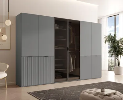 Produktbild von MOEBLO Drehtürenschrank Minewra Antisol 300 cm, Falttürenschrank 6-türig, Schrank mit Einlegeböden und Kleiderstange, Schlafzimmer - Grau