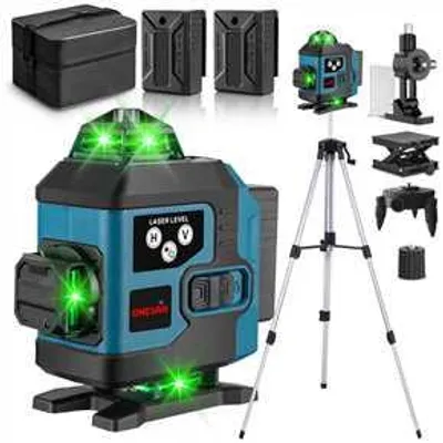 A collection of laser leveling tools and accessories are displayed against a white background.