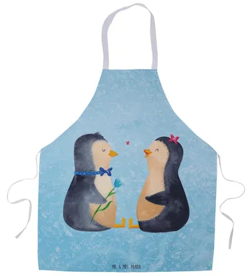 Produktbild von Mr. & Mrs. Panda Schürze Pinguin Pärchen - Eisblau - Geschenk, Liebe, Hochzeit, Kochschürze, Küchenschürze, Kellner-Schürze, Verknallt, Hochzeitstag, Latzschürze