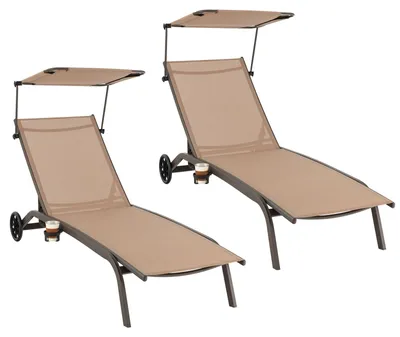 Produktbild von COSTWAY 2er Set Sonnenliege, Gartenliege mit Rollen, Dach, Getränkehalter & Verstellbarer Rückenlehne, Terrassenliege, Liegestuhl, Rollliege Braun