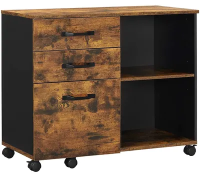Obrázek produktu pro Kancelářská skříň na kolečkách, 3 zásuvky, industriální styl, hnědo-černá barva, rozměry 80 x 40 x 66 cm