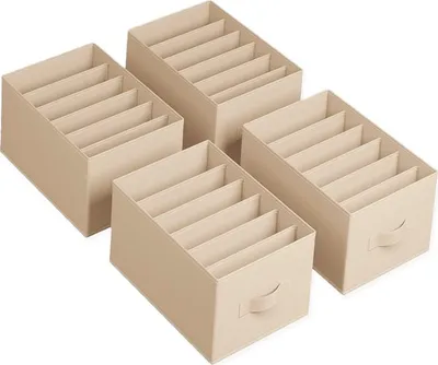 Produktbild von 4er-Pack Organizer mit 6 Fächern, Aufbewahrungsboxen, Sockenorganizer für Kleidung, Korb, 42 x 30 x 17 cm, für Hosen, Kleidung, Kleiderschrank zu Hause, Studentenwohnheim, Unterwäsche, Gürtelaufbewahrung (Beige)