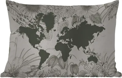 Produktbild von MuchoWow® Outdoor Kissen - Weltkarte - Blumen - Grau - 60x40 cm - Wetterfest - Lounge Kissen - Zierkissen - Kissen für Innenräume