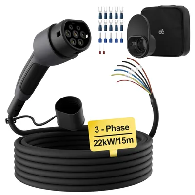 Image de Câble de recharge pour véhicule électrique - Type 2 avec extrémités ouvertes - 11 kW - Triphasé - 16 A - 230 V - 15 m - IP55