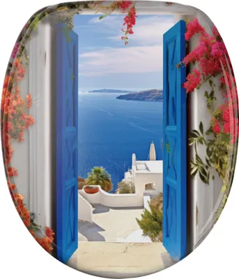 A view through open blue doors to a white building with a blue sea and islands in the background, framed by pink and orange flowers.