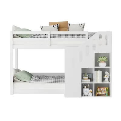 Produktbild von Etagenbett mit Treppen und Schließfächern Doppelbett Kinderbett Hausbett Jugendbett 90*200cm Weiß