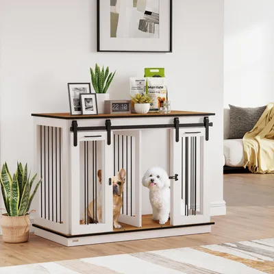 Produktbild von Hundekäfig mit 2 Schiebetüren & Trennwand, Hundebox rustikales Design, MDF & Stahl, Weiß | 120 x 60 x 88,5 cm | 44,2 kg | verriegelbar
