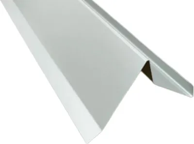 A close-up, angled view of a piece of metal flashing, likely for roofing or construction, against a white background.