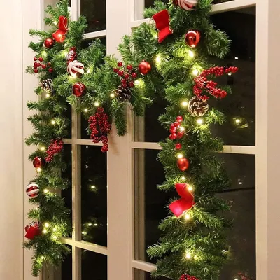 Produktbild von 9 FT LED-Weihnachtsgirlande mit Tannenzapfen,Beeren,Schleifen Kiefernblätter,mit 50 warmweißen LED-Lichtern,Weihnachtsdekoration