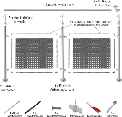 Produktbild von Edelstahlgeländer Set: Lochblech - Länge: 2,82 m, aufgesetzte Montage
