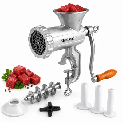 Produktbild von KlönBerg Handfleischwolf, alle Teile aus Edelstahl, handbetriebene Fleischwolfmaschine mit Tischklemme, 2 Reibscheiben und Wurstfüller, KB8102, KI-generiertes Bild