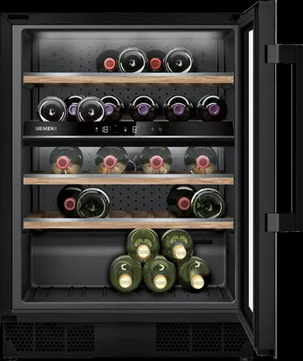 An open wine refrigerator with multiple shelves holding wine bottles.