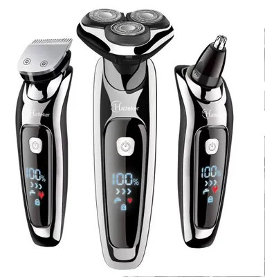 Produktbild von Barttrimmer - 3-in-1-Pflegeset - Elektrischer Rasierer - Nasenhaartrimmer - LED-Display - USB-aufladbar - Silber
